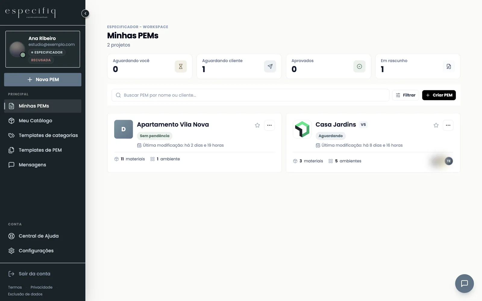 Painel “Minhas PEMs” com os contadores Aguardando você, Aguardando cliente, Aprovados e Em rascunho, e os cartões dos projetos.