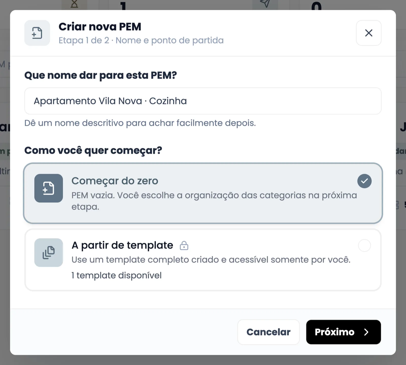Janela “Criar nova PEM”, etapa 1 de 2, com o campo de nome preenchido e as opções “Começar do zero” e “A partir de template”.