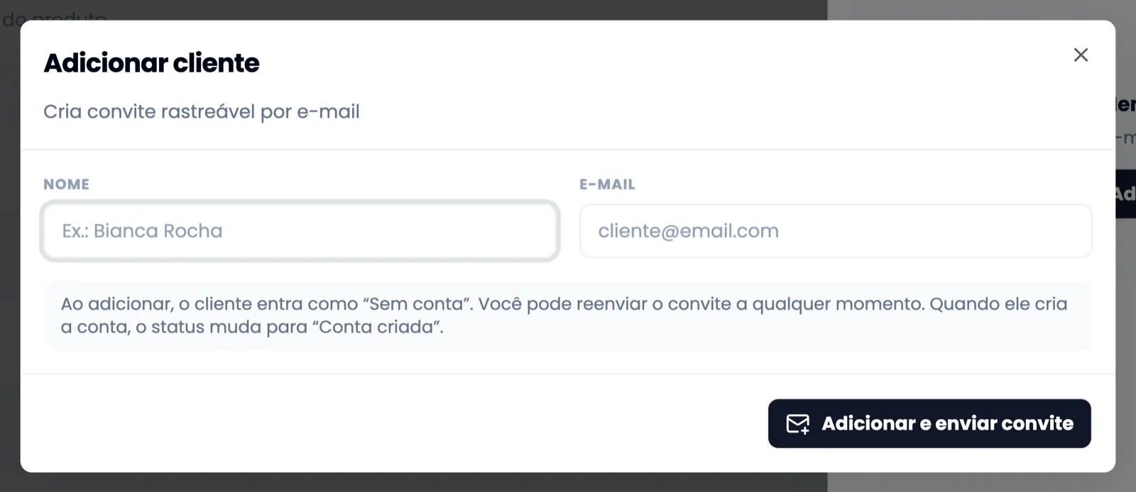 Janela “Adicionar cliente” com os campos Nome e E-mail e o botão “Adicionar e enviar convite”.