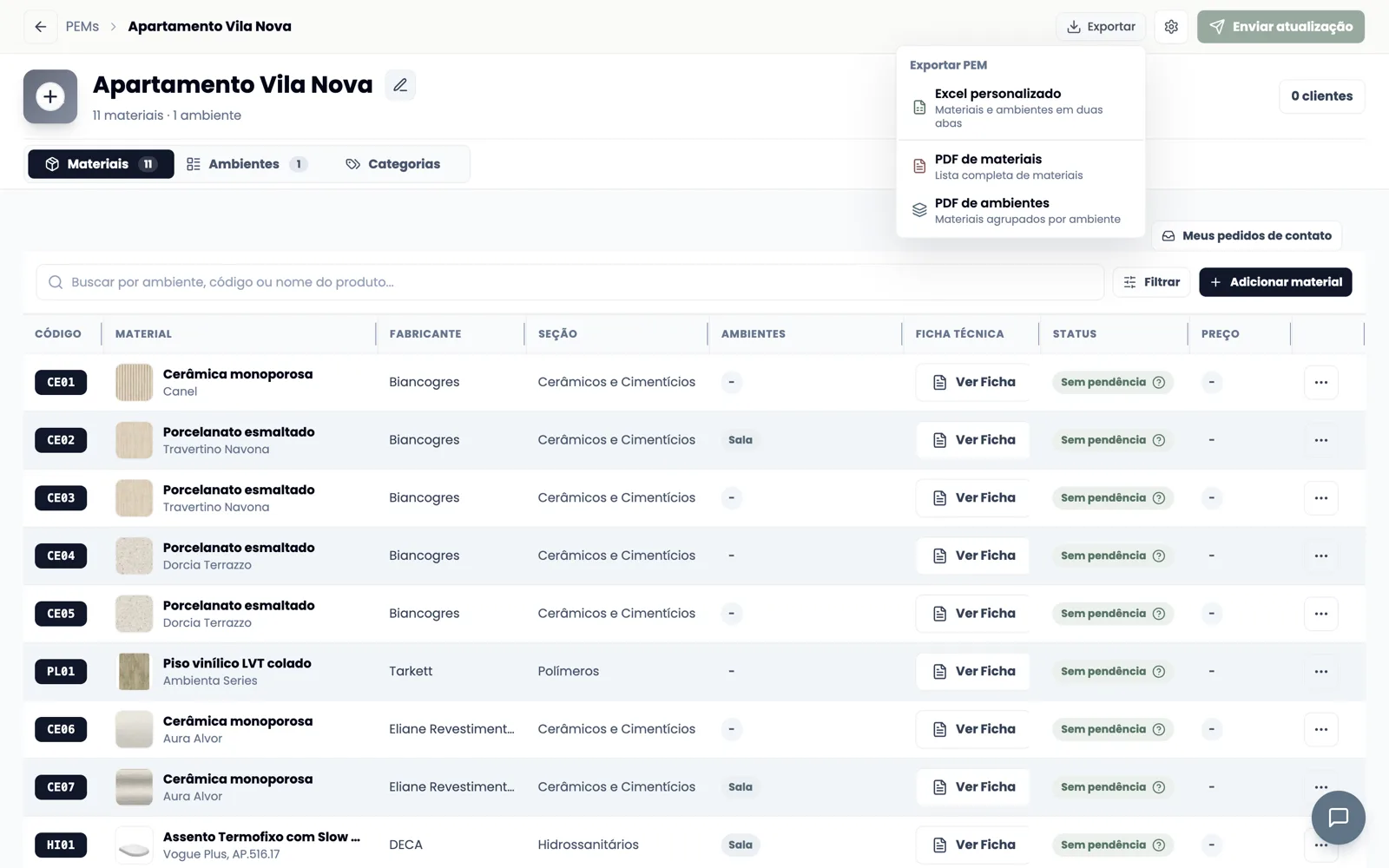 Menu “Exportar PEM” aberto sobre a lista de materiais, com as opções Excel personalizado, PDF de materiais e PDF de ambientes.