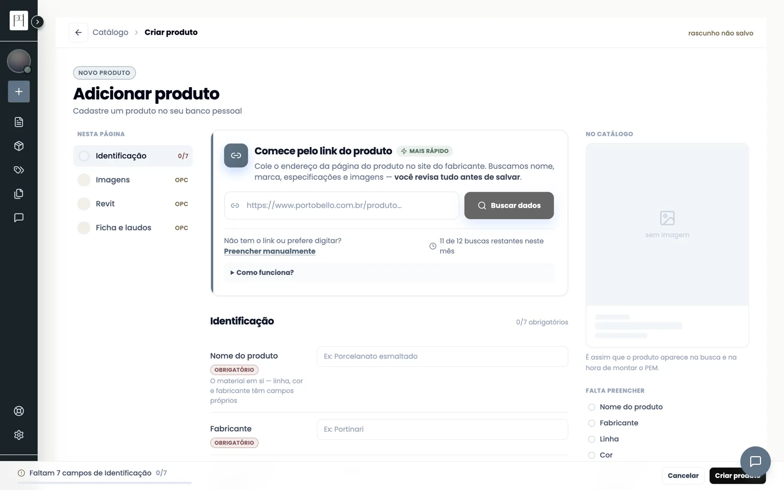 Tela “Adicionar produto” com o bloco “Comece pelo link do produto”, o campo de endereço e o botão Buscar dados.