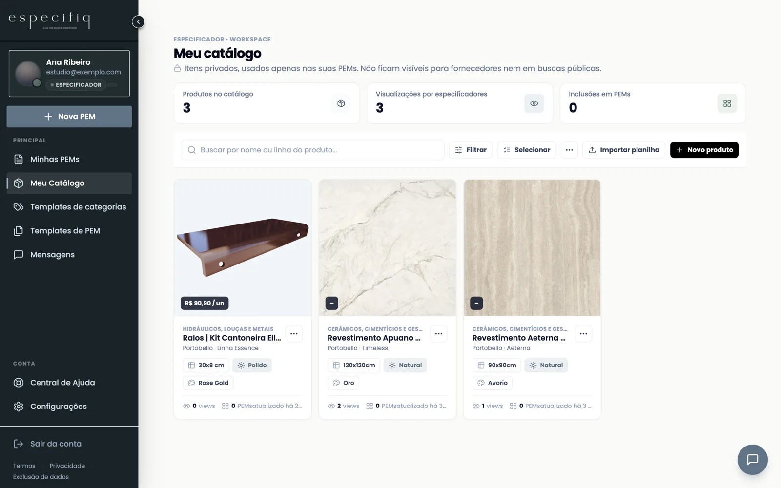 Tela “Meu catálogo” com os contadores de produtos, visualizações e inclusões em PEMs, e os cartões dos produtos cadastrados.