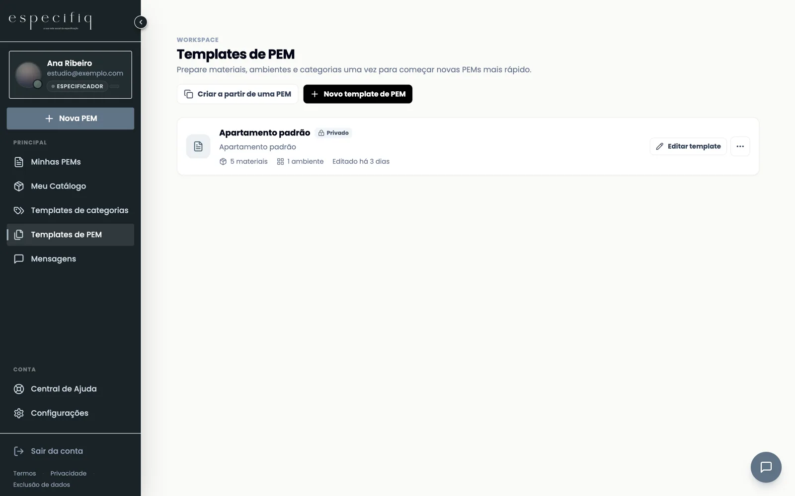 Tela “Templates de PEM” com um template privado listado, indicando materiais e ambientes, e os botões “Criar a partir de uma PEM” e “Novo template de PEM”.