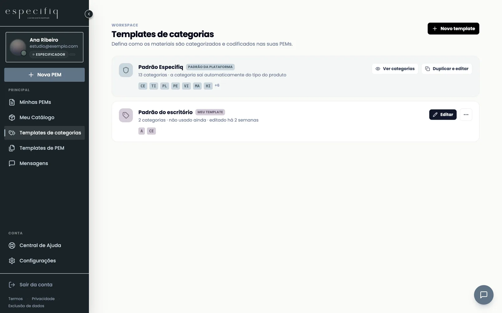 Tela “Templates de categorias” com o padrão da plataforma e um template próprio, mostrando as siglas de cada categoria.
